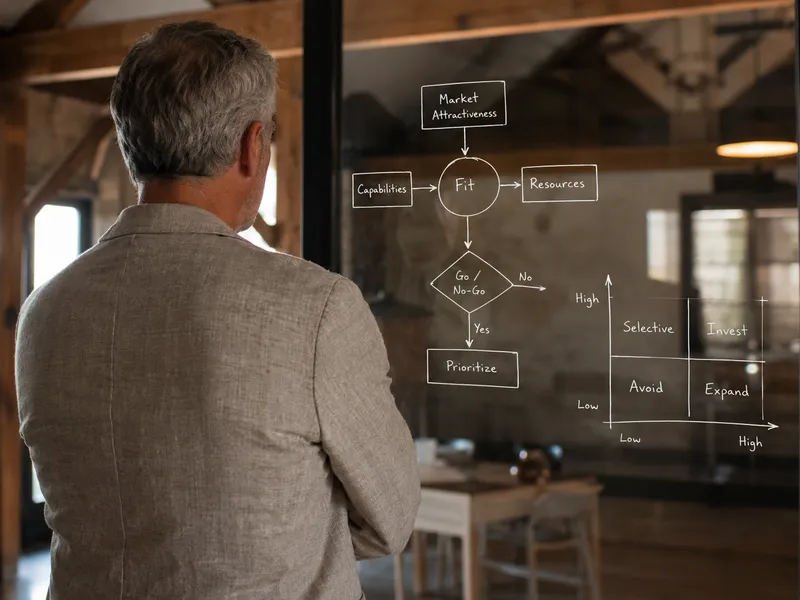 Strategic framework and decision priority matrix on glass wall
