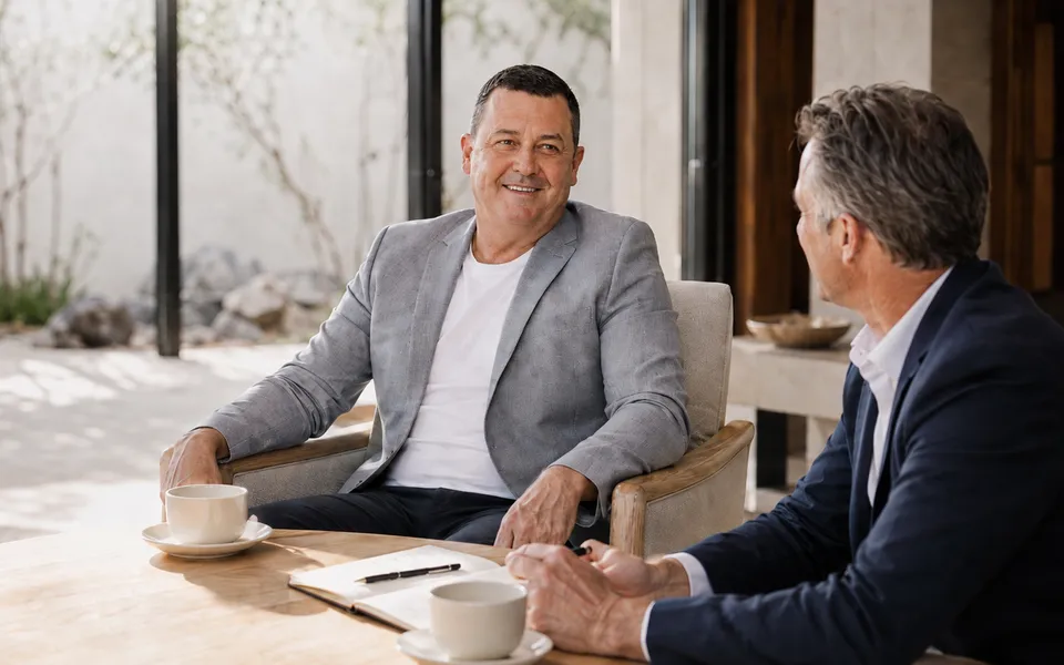 Andy Wibrow having a focused discussion over coffee